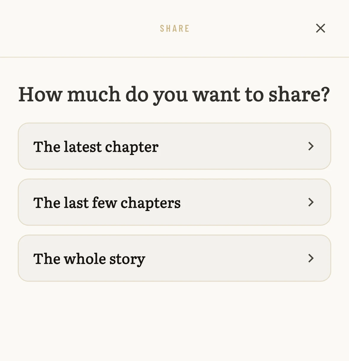 The share sheet asking how much you want to share: the latest chapter, the last few chapters, or the whole story.